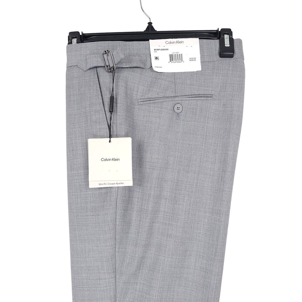 Calvin Klein Mens Slim Fit Wool Dress Pants 40x32 Light Grey Solid Pleated NWT